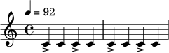 
\relative c' {
  \time 4/4
  \tempo 4 = 92
  c4-> c c-> c |
  c4-> c c-> c |
}
