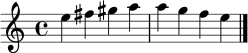\relative c'' { \clef treble \key a \minor \time 4/4 e4 fis gis a | a g f e \bar "|." }