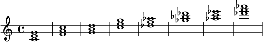\relative c' {
\time 4/4
<c e g>1 |
<f a c>1 |
<g b d>1 |
<c e g>1 |
<des f as>1 |
<ges bes des>1 |
<as c es>1 |
<des f as>1 |
}