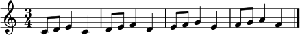 \relative c' { \key c \major \time 3/4 c8 d e4 c | d8 e f4 d | e8 f g4 e | f8 g a4 f \bar "|." }