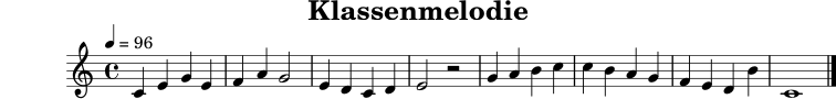 
X:14
T:Klassenmelodie
M:4/4
L:1/4
Q:1/4=96
K:C
C E G E | F A G2 | E D C D | E2 z2 | G A B c | c B A G | F E D B | C4 |]
