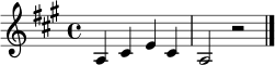 \relative c' {
\time 4/4
\key a \major
a4 cis e cis
a2 r2
\bar "|."
}