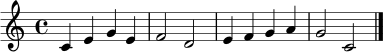 
\relative c' {
  \clef treble
  \key c \major
  \time 4/4
  c4 e g e | f2 d | e4 f g a | g2 c, \bar "|."
}
