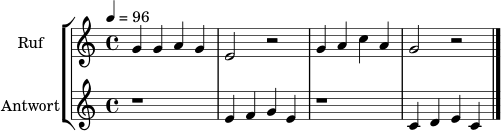 \version "2.24.0"
\score {
\new StaffGroup <<
\new Staff \with { instrumentName = "Ruf" } \relative c'' {
\clef treble
\key c \major
\time 4/4
\tempo 4 = 96
g4 g a g | e2 r2 | g4 a c a | g2 r2
\bar "|."
}
\new Staff \with { instrumentName = "Antwort" } \relative c' {
\clef treble
\key c \major
\time 4/4
r1 | e4 f g e | r1 | c4 d e c
\bar "|."
}
>>
\layout { }
\midi { }
}