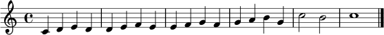 \relative c' { \clef treble \key c \major \time 4/4 c4 d e d | d e f e | e f g f | g a b g | c2 b | c1 \bar "|." }