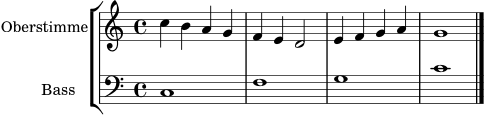 \score {
\new StaffGroup <<
\new Staff \with { instrumentName = "Oberstimme" } \relative c'' {
\clef treble
\key c \major
\time 4/4
c4 b a g | f e d2 | e4 f g a | g1 \bar "|."
}
\new Staff \with { instrumentName = "Bass" } \relative c {
\clef bass
\key c \major
\time 4/4
c1 | f1 | g1 | c1 \bar "|."
}
>>
\layout { }
\midi { }
}
