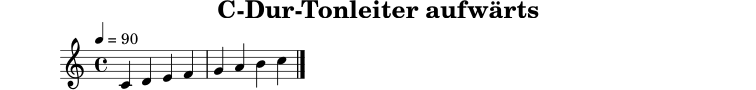 
X:1
T:C-Dur-Tonleiter aufwärts
M:4/4
L:1/4
Q:1/4=90
K:C
C D E F | G A B c |]
