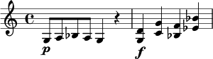 \relative c' {
\time 4/4
g8\p a bes a g4 r4 |
<g d'>4\f <c g'> <bes f'> <ees bes'> |
}