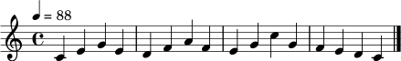 \relative c' { \clef treble \key c \major \time 4/4 \tempo 4 = 88 c4 e g e | d4 f a f | e4 g c g | f4 e d c \bar "|." }