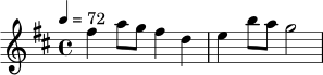 
\relative c'' {
  \key d \major
  \time 4/4
  \tempo 4 = 72
  fis4 a8 g fis4 d |
  e4 b'8 a g2 |
}
