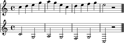 <<
\new Staff \relative c'' { \time 4/4 \key c \major c4 d e g | a g e c | d e f g | e2 r2 \bar "|." }
\new Staff \relative c' { \time 4/4 \key c \major c2 g | a g | f g | c,2 r2 \bar "|." }
>>