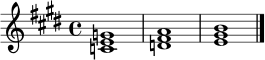 \relative c' {
\key e \major
\time 4/4
<c e g>1 | <d fis a>1 | <e gis b>1 \bar "|."
}