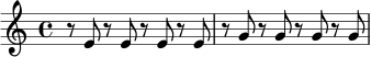 \relative c' {
\time 4/4
r8 e8 r8 e8 r8 e8 r8 e8 |
r8 g8 r8 g8 r8 g8 r8 g8 |
}