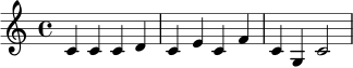 \relative c' { \clef treble \key c \major \time 4/4 c4 c c d | c e c f | c g c2 | }
