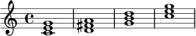 \relative c' {
\key c \major
\time 4/4
<c e g>1 |
<d fis a>1 |
<g b d>1 |
<c e g>1
}