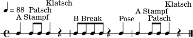 
\version "2.22.0"
\header { tagline = ##f }
\paper { indent = 0\mm }
\score {
  \new RhythmicStaff {
    \tempo 4 = 88
    \time 4/4
    c4^\markup { "A Stampf" } c8^\markup { "Patsch" } c8 c4^\markup { "Klatsch" } r4
    c8^\markup { "B Break" } c8 c8 c8 r4 c4^\markup { "Pose" }
    c4^\markup { "A Stampf" } c8^\markup { "Patsch" } c8 c4^\markup { "Klatsch" } r4
    \bar "|."
  }
  \layout { }
  \midi { }
}
