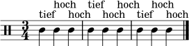 \relative c' { \clef percussion \time 3/4 c4^"tief" c^"hoch" c^"hoch" | c^"tief" c^"hoch" c^"hoch" | c^"tief" c^"hoch" c^"hoch" \bar "|." }