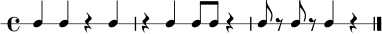 
\new RhythmicStaff {
  \time 4/4
  c4 c4 r4 c4 |
  r4 c4 c8 c8 r4 |
  c8 r8 c8 r8 c4 r4 |
  \bar "|."
}
