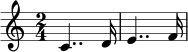 \relative c' { \time 2/4 c4.. d16 | e4.. f16 | }