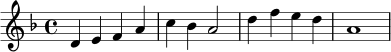 \relative d' {
\key d \minor
\time 4/4
d4 e f a | c4 bes a2 | d4 f e d | a1
}