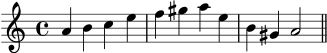 X:7
M:4/4
L:1/4
K:Am
A B c e|f ^g a e|B ^G A2||