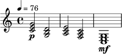
\relative c' {
  \key c \major
  \time 4/4
  \tempo 4 = 76
  <c e g>2\p <g b d> |
  <a c e>2 <f a c> |
  <c e g>1\mf |
}
