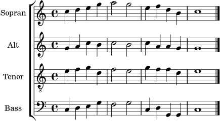 \version "2.24.0"
\score {
\new ChoirStaff <<
\new Staff \with { instrumentName = "Sopran" midiInstrument = "choir aahs" } { \clef treble \key c \major \time 4/4 c''4 d'' e'' g'' | a''2 g'' | e''4 f'' d'' b' | c''1 \bar "|." }
\new Staff \with { instrumentName = "Alt" midiInstrument = "choir aahs" } { \clef treble \key c \major \time 4/4 g'4 a' c'' b' | c''2 b' | c''4 a' a' g' | g'1 \bar "|." }
\new Staff \with { instrumentName = "Tenor" midiInstrument = "choir aahs" } { \clef "treble_8" \key c \major \time 4/4 e'4 f' g' d' | f'2 e' | g'4 f' f' d' | e'1 \bar "|." }
\new Staff \with { instrumentName = "Bass" midiInstrument = "voice oohs" } { \clef bass \key c \major \time 4/4 c4 d e g | f2 g | c4 d g, g, | c1 \bar "|." }
>>
\layout {}
\midi {}
}