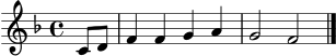 \version "2.24.0"
\score {
\new Staff \relative c' {
\clef treble
\key f \major
\time 4/4
\partial 4 c8 d8 | f4 f4 g4 a4 | g2 f2 \bar "|."
}
\layout { }
\midi { \tempo 4 = 96 }
}