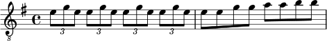 \relative c' {
\clef "treble_8"
\set Staff.midiInstrument = "electric guitar (clean)"
\time 4/4
\key e \minor
\tuplet 3/2 { e8 g e } \tuplet 3/2 { e8 g e } \tuplet 3/2 { e8 g e } \tuplet 3/2 { e8 g e } |
e8 e g g a a b b |
}