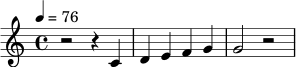 \relative c' {
\time 4/4
\tempo 4 = 76
r2 r4 c4 |
d4 e4 f4 g4 |
g2 r2 |
}