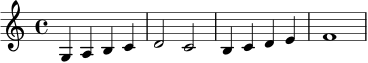 
\relative c' {
\key c \major
\time 4/4
g4 a b c |
d2 c |
b4 c d e |
f1
}
