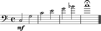 \relative c {
\set Staff.midiInstrument = "trumpet"
\clef bass
\time 4/4
c2\mf g' | c e | g bes | c1\fermata \bar "|."
}