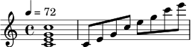 
\relative c' {
  \clef treble
  \key c \major
  \time 4/4
  \tempo 4 = 72
  <c e g c>1
  c8 e g c e g c e
}
