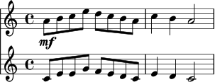 <<
\new Staff \relative c'' {
\time 4/4
\key a \minor
\set Staff.midiInstrument = "electric guitar (jazz)"
a8\mf b c e d c b a |
c4 b a2 |
}
\new Staff \relative c' {
\time 4/4
\key a \minor
\set Staff.midiInstrument = "electric guitar (jazz)"
c8 e e g f e d c |
e4 d c2 |
}
>>