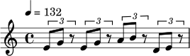 \relative c' {
\time 4/4
\tempo 4 = 132
\tuplet 3/2 { e8 g8 r8 }
\tuplet 3/2 { e8 g8 r8 }
\tuplet 3/2 { a8 b8 r8 }
\tuplet 3/2 { d,8 e8 r8 } |
}
