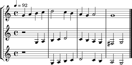 \new StaffGroup <<
\new Staff \relative c'' {
\key g \mixolydian
\time 4/4
\tempo 4 = 92
g4 a b c | d2 c4 b | a g a2 | g1 \bar "|."
}
\new Staff \relative c' {
\key g \mixolydian
\time 4/4
r2 g4 a | b c d2 | c4 b a g | fis2 g2 \bar "|."
}
\new Staff \relative c' {
\key g \mixolydian
\time 4/4
r1 | g4 a b c | d2 c4 b | a2 g2 \bar "|."
}
>>