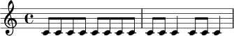 
\relative c' {
  \time 4/4
  c8 c c c c c c c |
  c8 c c4 c8 c c4 |
}
