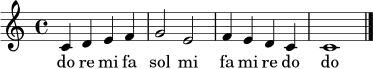 
\relative c' {
\time 4/4
\key c \major
c4 d e f | g2 e2 | f4 e d c | c1 |
\bar "|."
}
\addlyrics { do re mi fa sol mi fa mi re do do }
