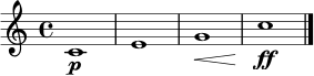 
\relative c' {
  \key c \major
  \time 4/4
  c1\p |
  e1 |
  g1\< |
  c1\!\ff \bar "|."
}
