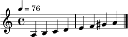 \relative c' { \key a \minor \time 4/4 \tempo 4 = 76 a4 b c d e f gis a \bar "|." }