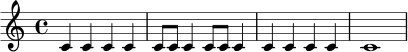\relative c' {
\time 4/4
c4 c c c |
c8 c c4 c8 c c4 |
c4 c c c |
c1
}
