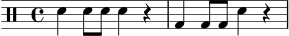 
\header { tagline = "" }
\score {
  \new DrumStaff \drummode {
    \time 4/4
    sn4 sn8 sn sn4 r4 |
    bd4 bd8 bd sn4 r4 |
  }
  \layout { }
  \midi { \tempo 4 = 84 }
}
