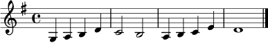\relative c' { \time 4/4 \key g \major \set Staff.midiInstrument = "violin" g4 a b d | c2 b | a4 b c e | d1 \bar "|." }