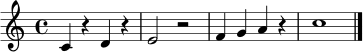 \relative c' { \clef treble \time 4/4 c4 r d r | e2 r2 | f4 g a r | c1 \bar "|." }
