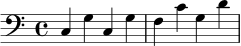 
\relative c {
  \clef bass
  \time 4/4
  c4 g' c, g' |
  f c' g d' |
}
