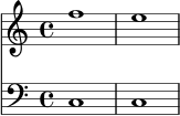 \version "2.24.0"
\header { tagline = ##f }
\score {
<<
\new Staff \relative c'' {
\clef treble
f1
e1
}
\new Staff \relative c {
\clef bass
c1
c1
}
>>
\layout { }
\midi { \tempo 4 = 56 }
}