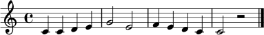 
\relative c' { \clef treble \key c \major \time 4/4 c4 c d e | g2 e | f4 e d c | c2 r2 \bar "|." }

