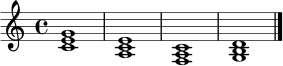 \relative c' {
\key c \major
\time 4/4
<c e g>1 |
<a c e>1 |
<f a c>1 |
<g b d>1 |
\bar "|."
}
