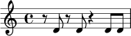 \relative c' {
\time 4/4
r8 d8 r8 d8 r4 d8 d8 |
}