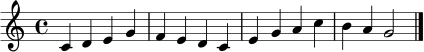 \relative c' {
\clef treble
\time 4/4
c4 d e g | f e d c | e g a c | b a g2 | \bar "|."
}